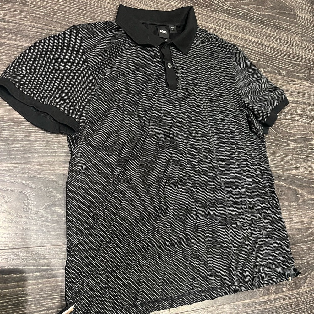 BOSS Mercerized-Cotton Polo Shirt with Micro Pattern – Black/White – Size XL